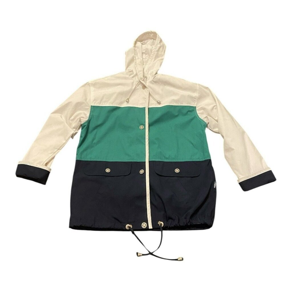 Vintage IZZI Jacket Womens Small White‎ Blue Green Nautical Grandpa Striped